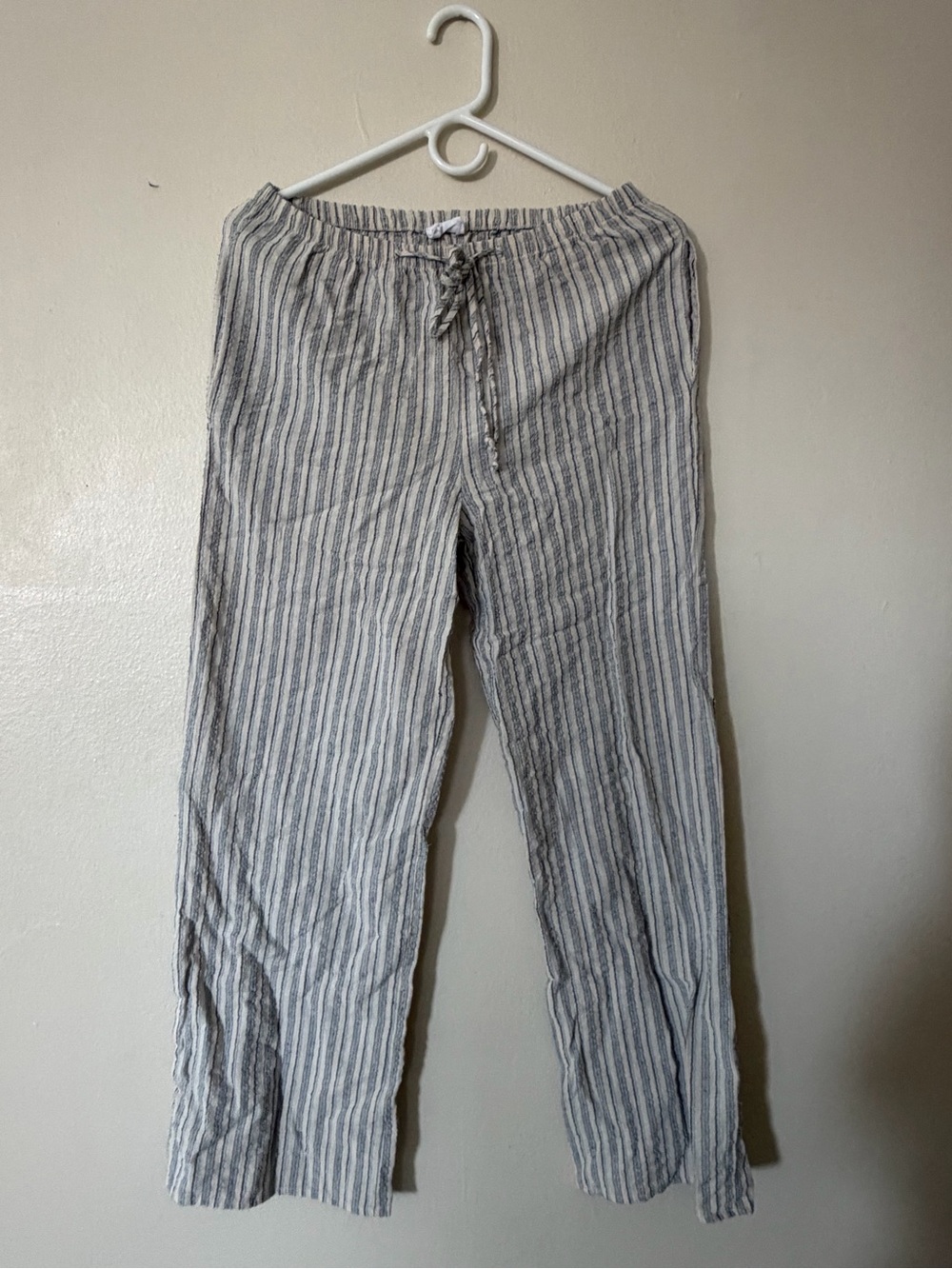 Light Gray Striped Low Rise Linen Drawstring Pants Petite